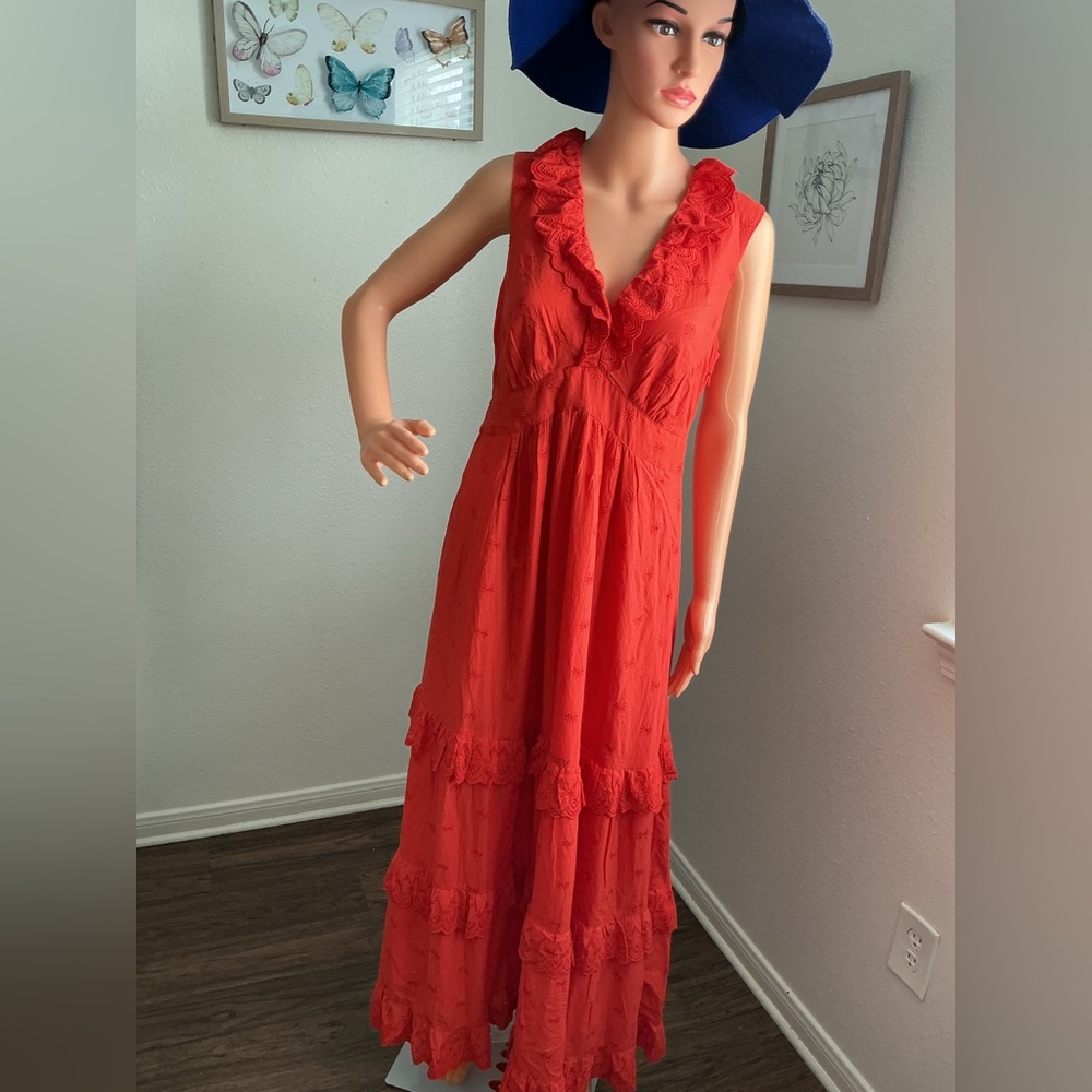 Boden Orange Sleeveless V-Neck Tiered Maxi Dress 100% cotton Size 6 - Picture 4 of 11